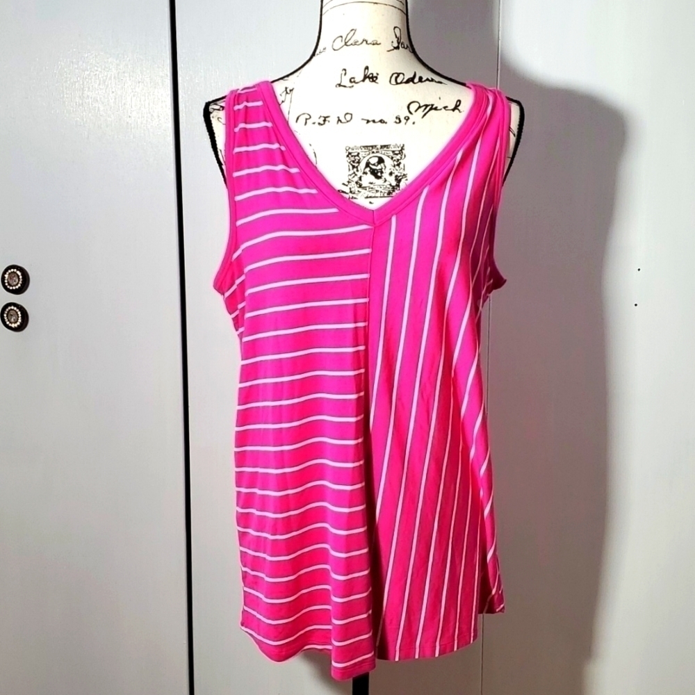 Maurices|Women's Bright Pink Striped V Neckline Tank Top Preppy  Size XL